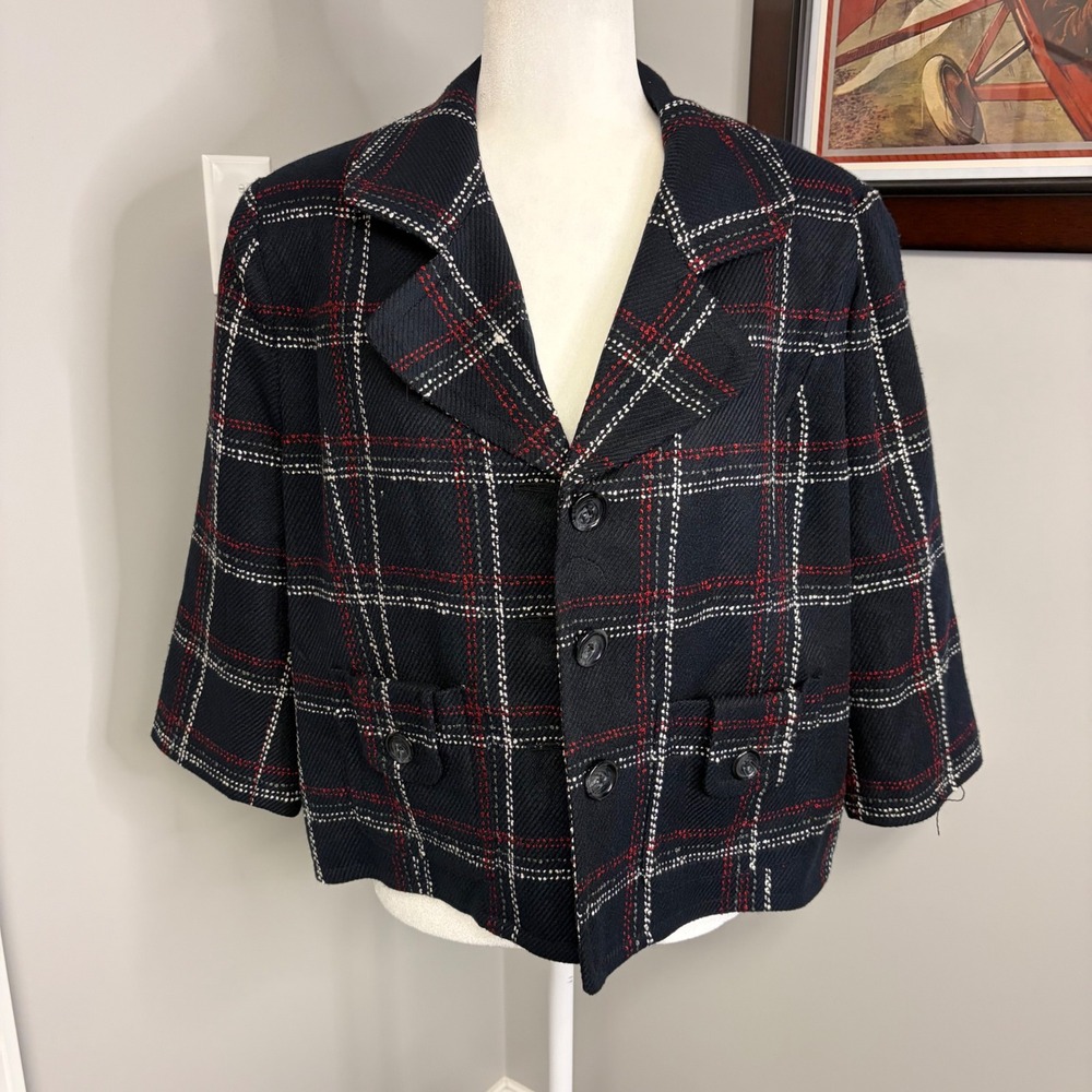 Worthington Petite Black Plaid Cropped Blazer Jacket Red White PXL